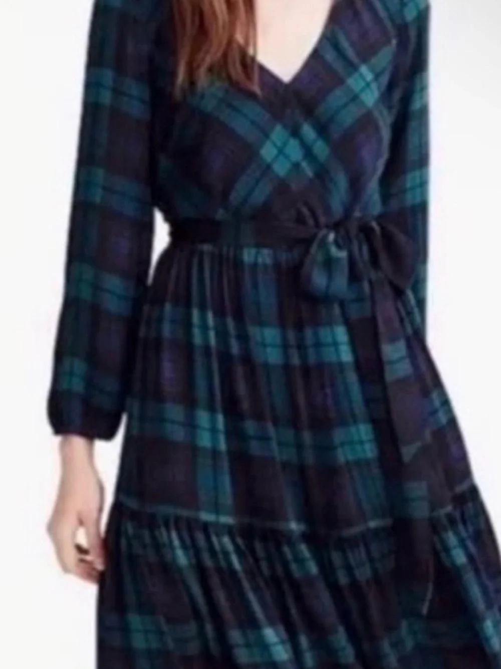 NWOT J. Crew Long Sleeve Tartan Blue Green Plaid Drapey Pleated Dress Size 6